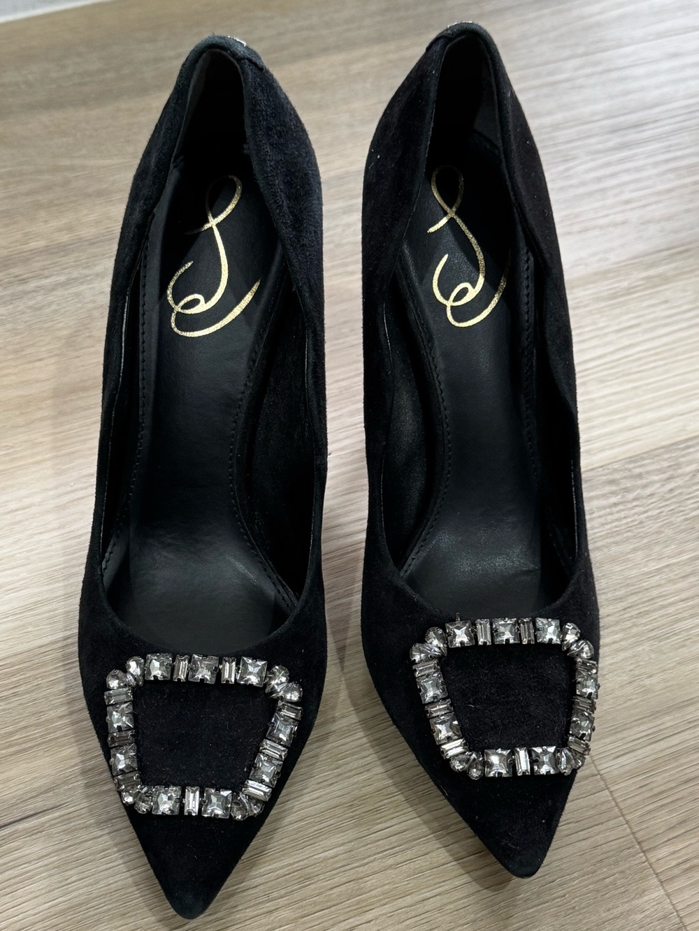 Sam Edelman Black Suede Pointed Toe Pumps with Crystal Buckle Accent
